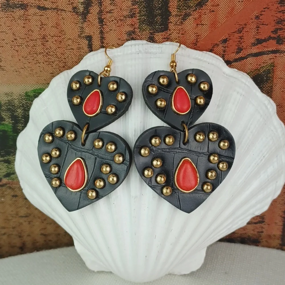 Red Stone Brassy Gold Studded Black Leather DBL Drop Super Cool Heart Earrings